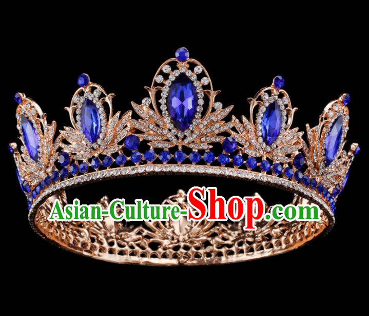 Baroque Style Bride Hair Accessories Princess Retro Blue Crystal Round Royal Crown for Women