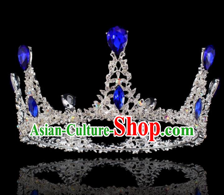 Top Grade Baroque Retro Round Royal Crown Bride Blue Crystal Wedding Hair Accessories for Women