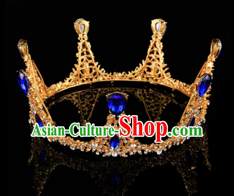 Top Grade Baroque Retro Round Golden Royal Crown Bride Blue Crystal Wedding Hair Accessories for Women