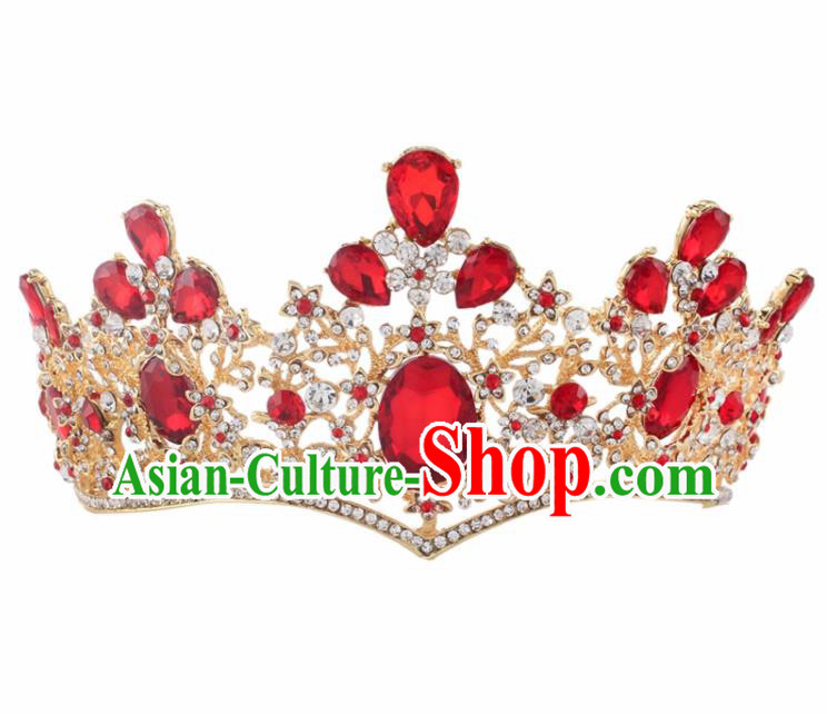 Top Grade Baroque Princess Retro Royal Crown Bride Red Crystal Wedding Hair Accessories for Women