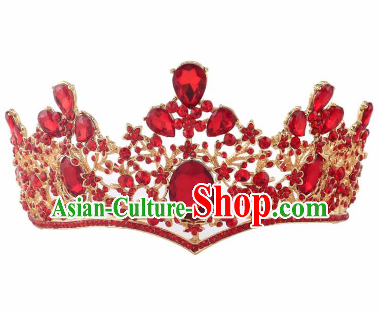 Top Grade Baroque Princess Retro Red Crystal Royal Crown Bride Wedding Hair Accessories for Women