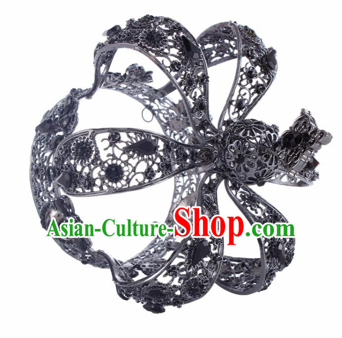 Top Grade Baroque Queen Black Royal Crown Bride Crystal Retro Wedding Hair Accessories for Women