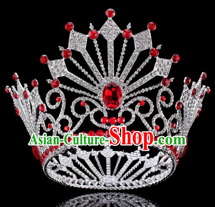 Top Grade Baroque Queen Red Crystal Royal Crown Bride Retro Wedding Hair Accessories for Women