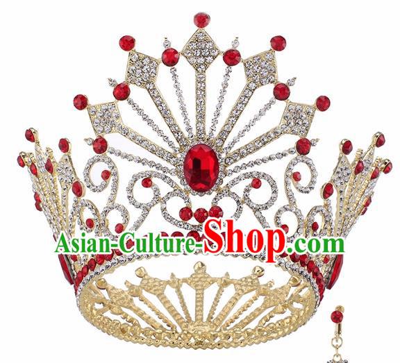 Top Grade Baroque Queen Red Crystal Golden Royal Crown Bride Retro Wedding Hair Accessories for Women