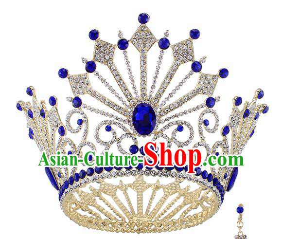 Top Grade Baroque Queen Blue Crystal Golden Royal Crown Bride Retro Wedding Hair Accessories for Women