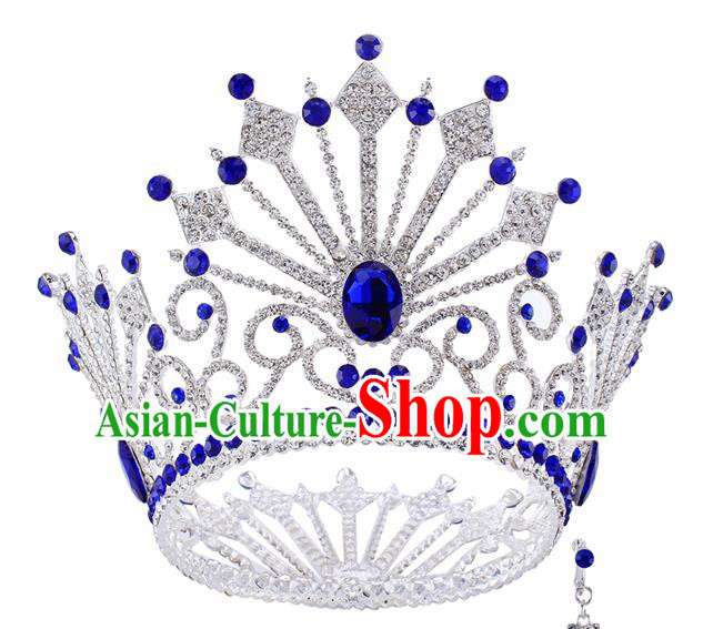 Top Grade Baroque Queen Blue Crystal Argent Royal Crown Bride Retro Wedding Hair Accessories for Women