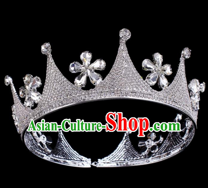 Top Grade Baroque Crystal Flowers Round Royal Crown Bride Retro Wedding Hair Accessories for Women