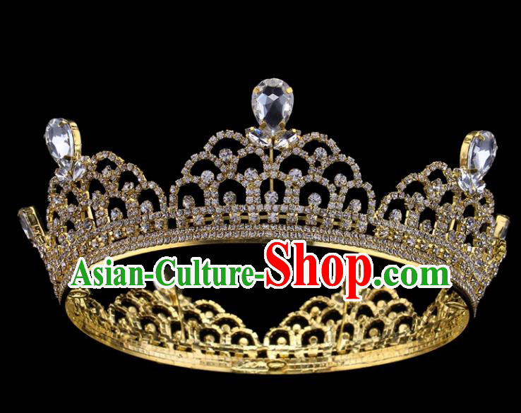 Top Grade Baroque Style Golden Round Royal Crown Bride Retro Wedding Hair Accessories for Women