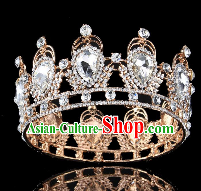 Top Grade Baroque Style Crystal Round Royal Crown Bride Retro Wedding Hair Accessories for Women