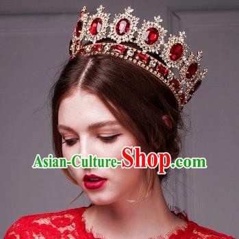 Top Grade Baroque Style Red Rhinestone Royal Crown Bride Retro Wedding Hair Accessories for Women