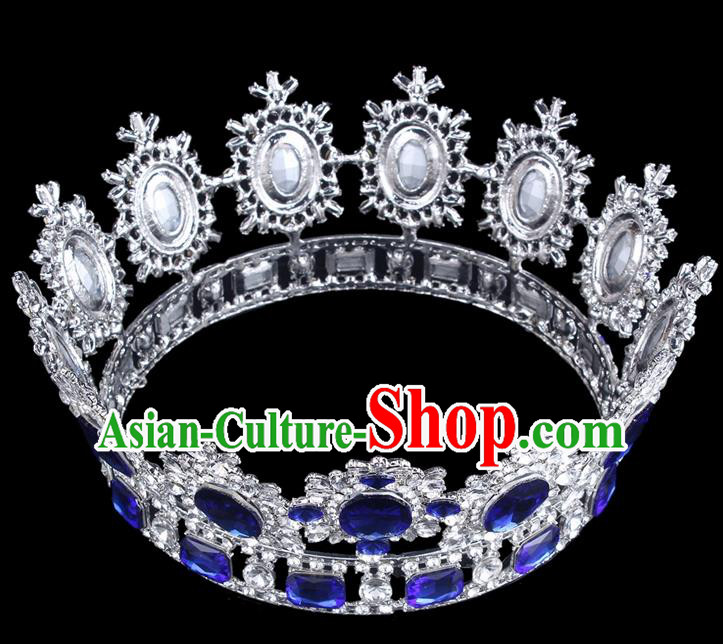 Top Grade Baroque Style Blue Rhinestone Royal Crown Bride Retro Wedding Hair Accessories for Women