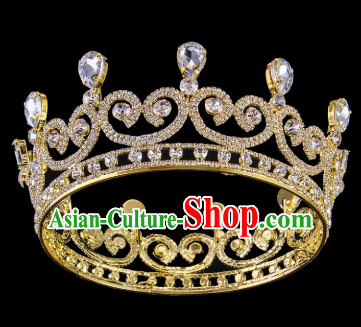 Top Grade Baroque Style Handmade Princess Golden Royal Crown Bride Retro Wedding Hair Accessories for Women