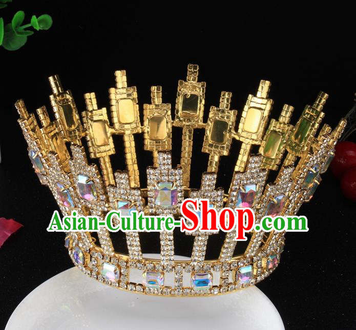 Top Grade Baroque Handmade Crystal Golden Round Royal Crown Bride Retro Wedding Hair Accessories for Women