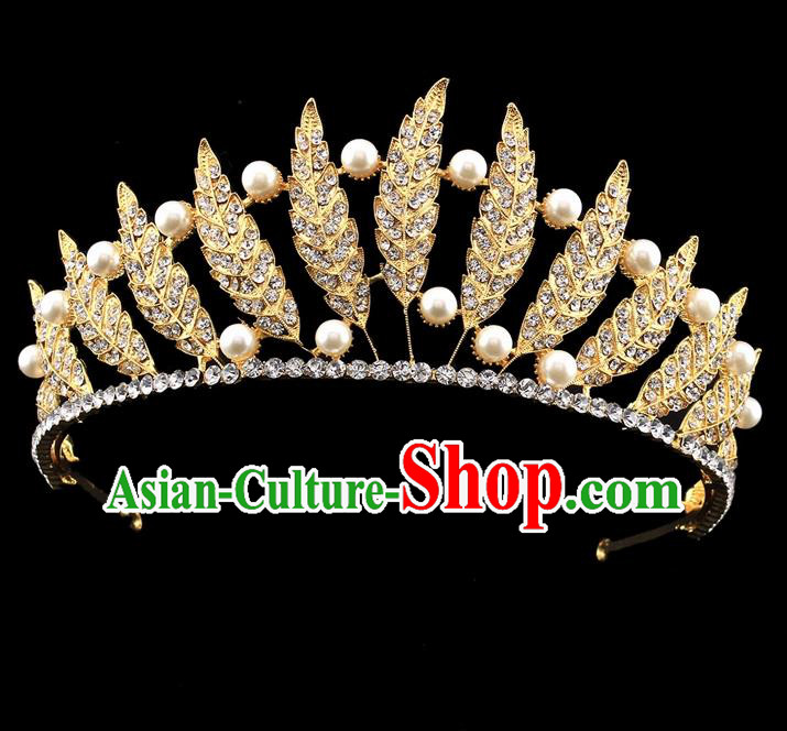 Handmade Wedding Queen Golden Leaf Royal Crown Baroque Retro Hair Accessories for Women