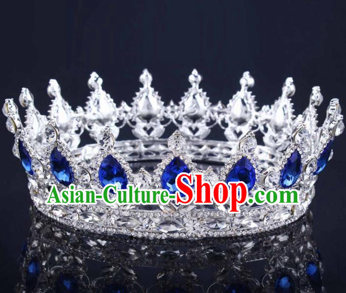 Handmade Wedding Bride Blue Rhinestone Hair Accessories Baroque Queen Retro Royal Crown for Women
