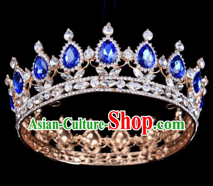 Handmade Wedding Bride Blue Rhinestone Hair Accessories Baroque Queen Retro Golden Royal Crown for Women