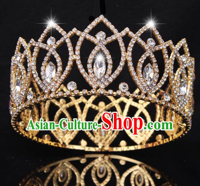 Top Grade Baroque Handmade Crystal Golden Royal Crown Bride Retro Wedding Hair Accessories for Women