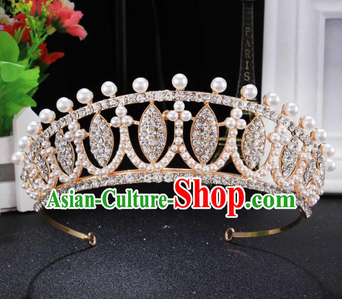 Top Grade Wedding Bride Hair Accessories Baroque Princess Pearls Retro Golden Royal Crown for Women