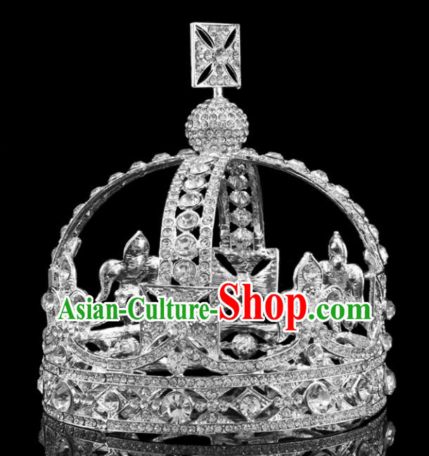 Handmade Top Grade Baroque Queen Crystal Argent Round Royal Crown Bride Retro Wedding Hair Accessories for Women