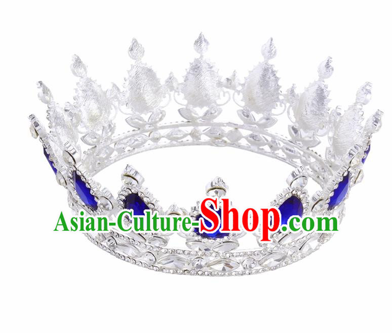 Top Grade Queen Retro Blue Rhinestone Royal Crown Baroque Wedding Bride Hair Accessories for Women