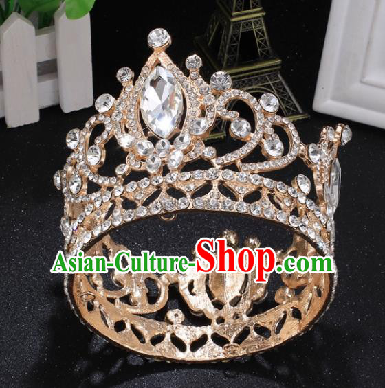 Top Grade Princess Rhinestone Round Golden Royal Crown Retro Baroque Wedding Bride Hair Accessories for Women