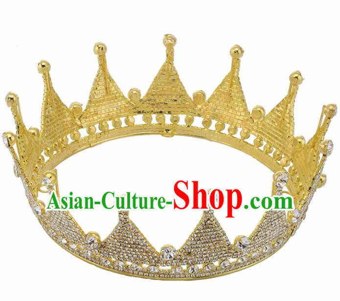 Handmade Top Grade Princess Crystal Golden Round Royal Crown Baroque Bride Retro Wedding Hair Accessories for Women