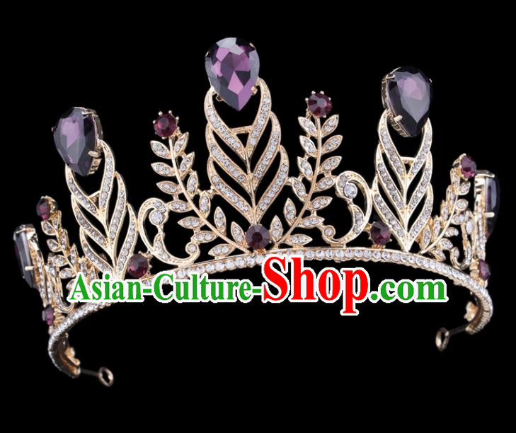 Handmade Top Grade Wedding Purple Crystal Royal Crown Baroque Princess Retro Hair Accessories for Women