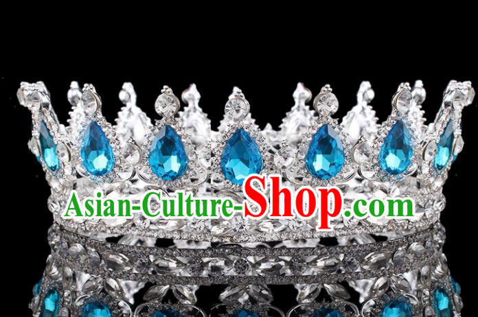 Top Grade Baroque Court Queen Blue Crystal Royal Crown Retro Wedding Bride Hair Accessories for Women