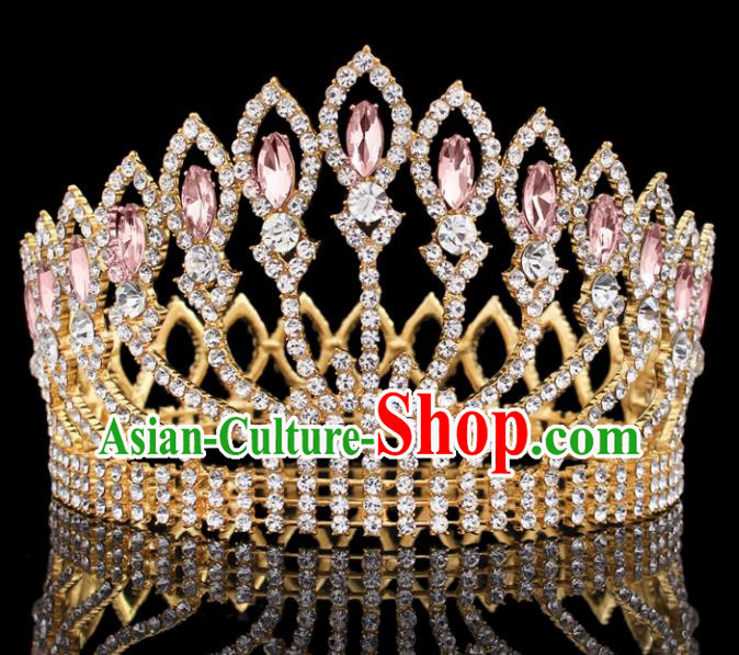Top Grade Baroque Court Queen Pink Crystal Royal Crown Wedding Bride Hair Accessories for Women