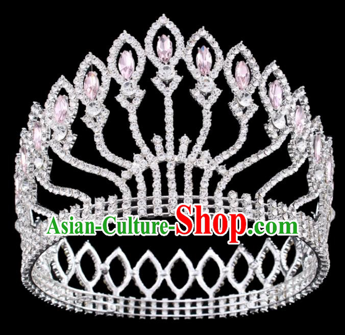 Top Grade Baroque Court Queen Pink Crystal Argent Royal Crown Wedding Bride Hair Accessories for Women