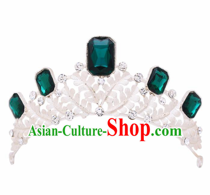 Handmade Bride Wedding Green Crystal Pearls Hair Jewelry Accessories Baroque Royal Crown for Women