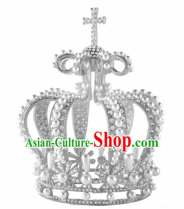 Top Grade Queen Pearls Argent Royal Crown Retro Baroque Wedding Bride Hair Accessories for Women