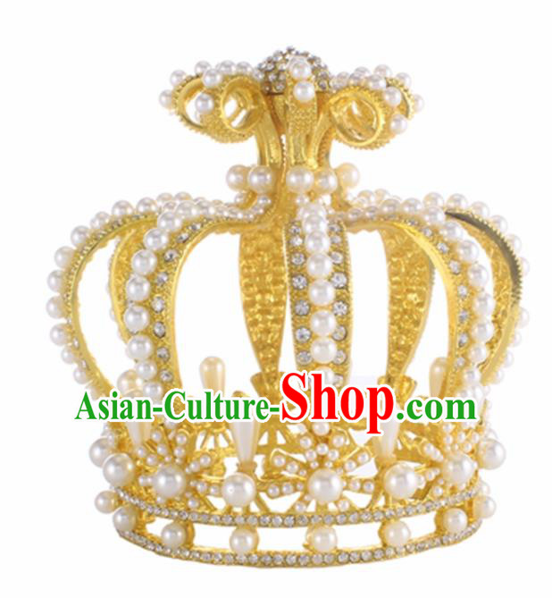 Top Grade Queen Golden Royal Crown Retro Baroque Wedding Bride Pearls Hair Accessories for Women