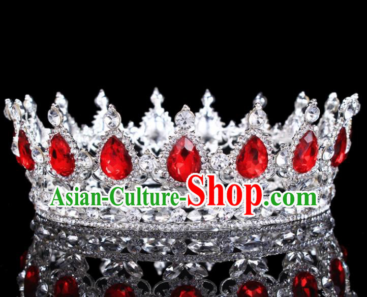 Handmade Bride Wedding Hair Jewelry Accessories Baroque Queen Red Crystal Royal Crown for Women