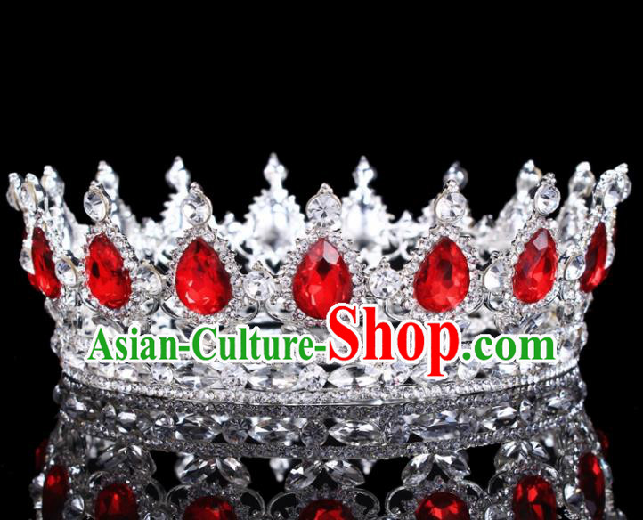 Handmade Bride Wedding Hair Jewelry Accessories Baroque Queen Red Crystal Royal Crown for Women