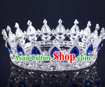 Handmade Bride Wedding Hair Jewelry Accessories Baroque Queen Royalblue Crystal Royal Crown for Women