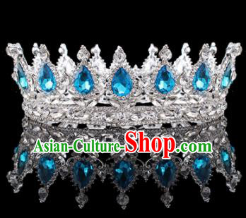 Handmade Bride Wedding Hair Jewelry Accessories Baroque Queen Blue Crystal Royal Crown for Women