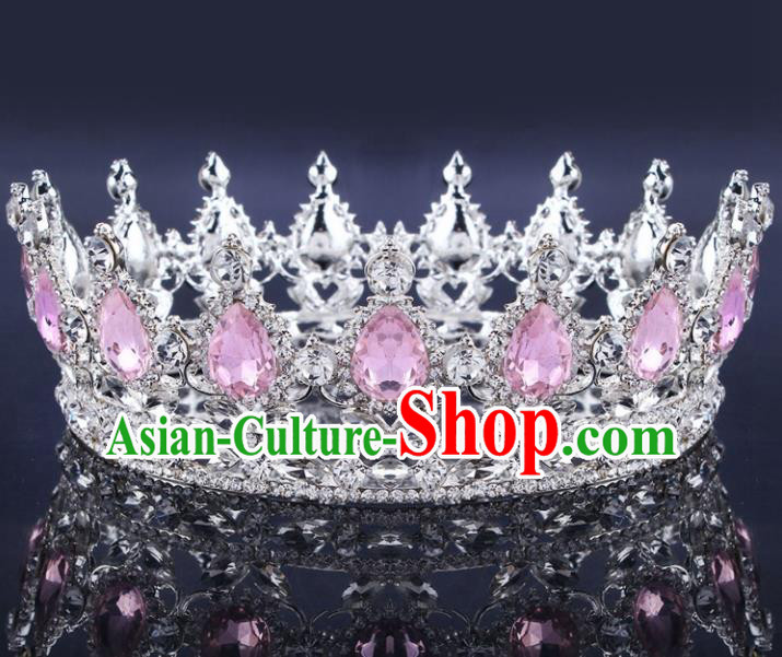 Handmade Bride Wedding Hair Jewelry Accessories Baroque Queen Pink Crystal Royal Crown for Women