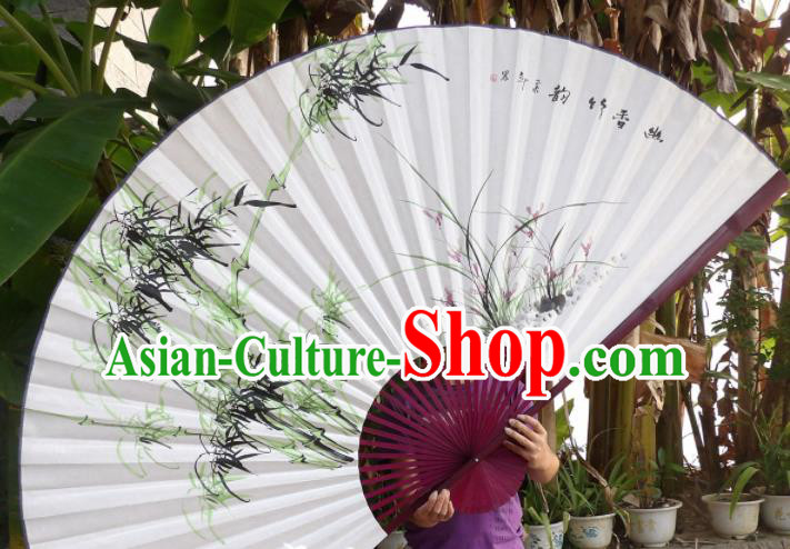 Chinese Traditional Paper Fans Decoration Crafts Painting Orchid Bamboo Red Frame Folding Fans