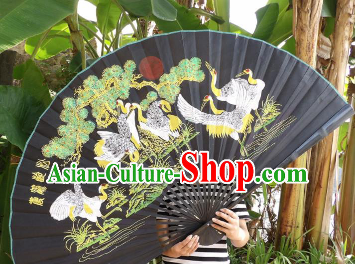 Chinese Traditional Black Silk Fans Decoration Crafts Handmade Printing Cranes Folding Fans