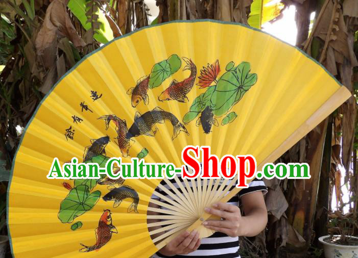 Chinese Traditional Yellow Paper Fans Decoration Crafts Handmade Painting Lotus Fishes Folding Fans