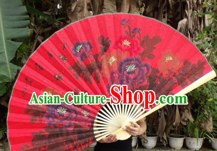 Chinese Traditional Red Paper Fans Decoration Crafts Handmade Printing Peony Wood Frame Folding Fans