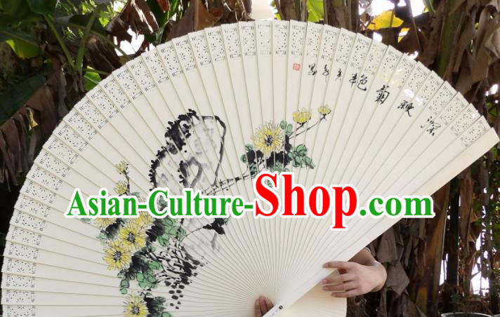 Chinese Traditional Wood Fans Decoration Crafts Handmade Printing Chrysanthemum Folding Fans