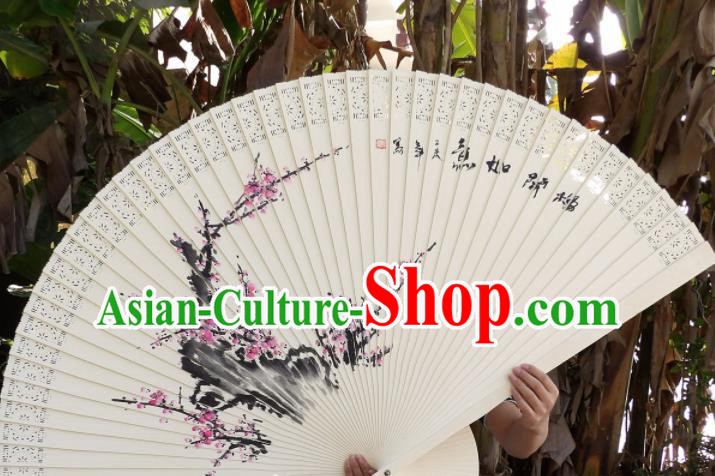 Chinese Traditional Wood Fans Decoration Crafts Handmade Printing Plum Blossom Folding Fans