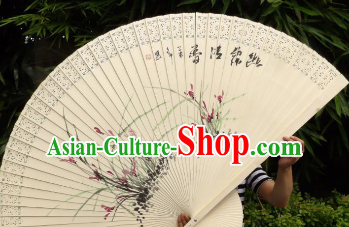 Chinese Traditional Wood Fans Decoration Crafts Handmade Printing Orchid Folding Fans