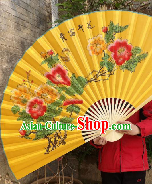 Chinese Traditional Handmade Yellow Silk Fans Decoration Crafts Printing Peony Wood Frame Folding Fans
