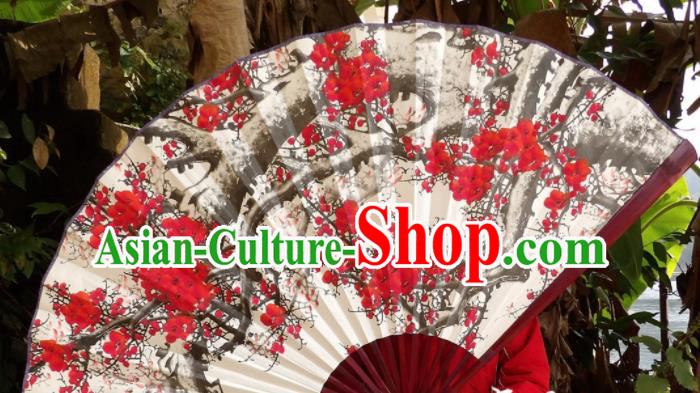 Chinese Traditional Handmade White Paper Fans Decoration Crafts Ink Painting Plum Blossom Red Frame Folding Fans