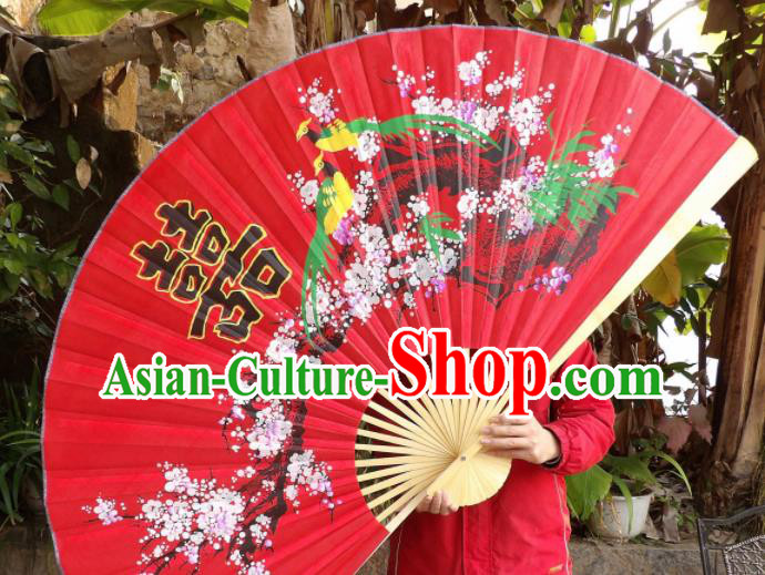 Chinese Traditional Handmade Red Silk Fans Decoration Crafts Ink Painting Plum Blossom Wood Frame Folding Fans