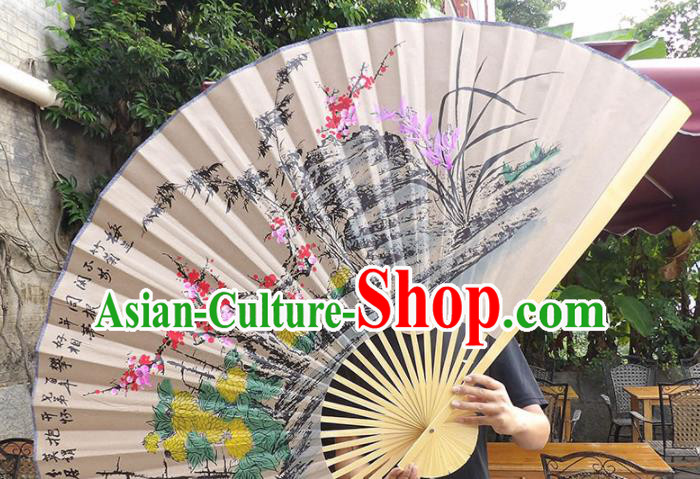 Chinese Traditional Crafts Wood Frame Folding Fans Ink Painting Plum Blossom Orchid Bamboo and Chrysanthemum Paper Fans