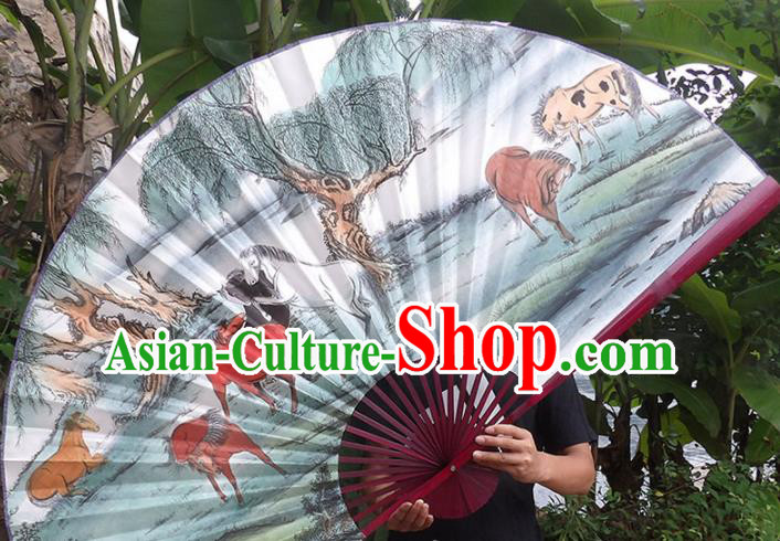 Chinese Traditional Crafts Red Frame Folding Fans Ink Painting Horses Paper Fans